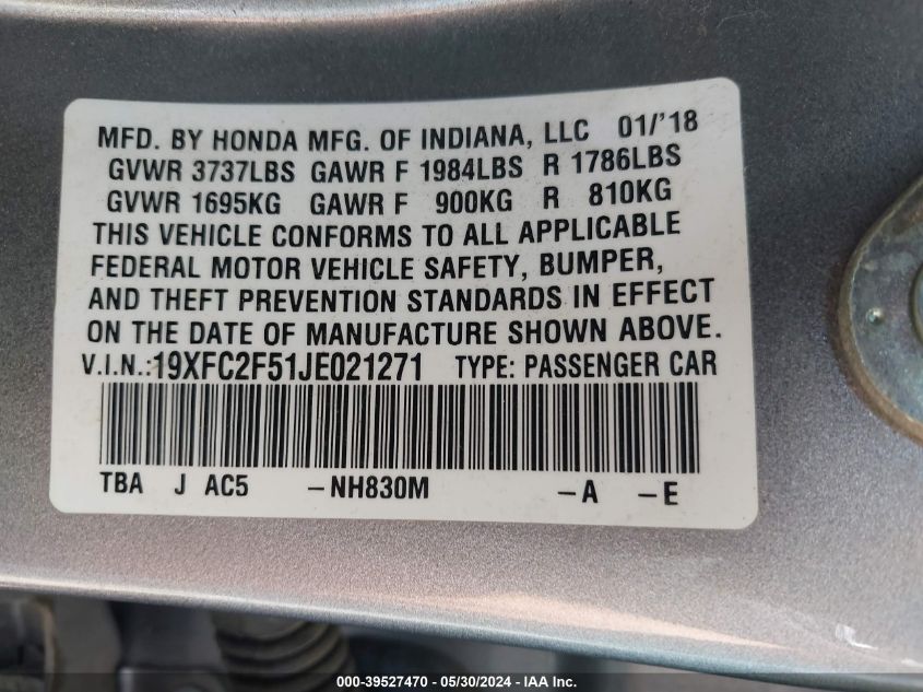 2018 Honda Civic Lx VIN: 19XFC2F51JE021271 Lot: 39527470