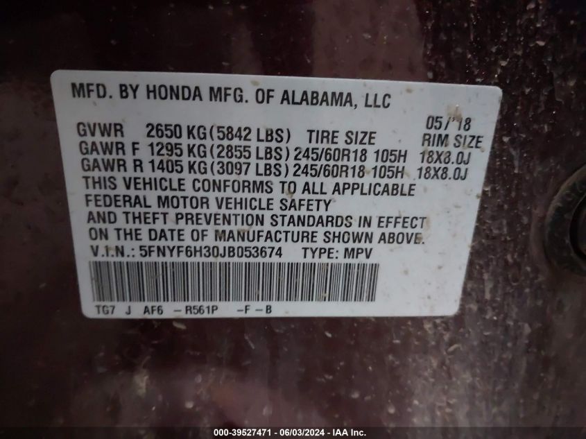 2018 Honda Pilot Ex VIN: 5FNYF6H30JB053674 Lot: 39527471