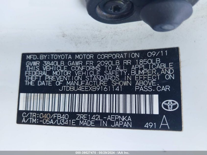 2011 Toyota Corolla Le VIN: JTDBU4EEXB9161141 Lot: 39527475