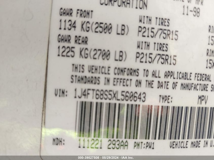 1999 Jeep Cherokee Classic/Sport VIN: 1J4FT68S5XL560643 Lot: 39527508