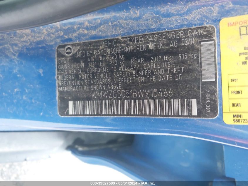 2011 Mini Cooper S Countryman VIN: WMWZC5C51BWM10466 Lot: 39527509