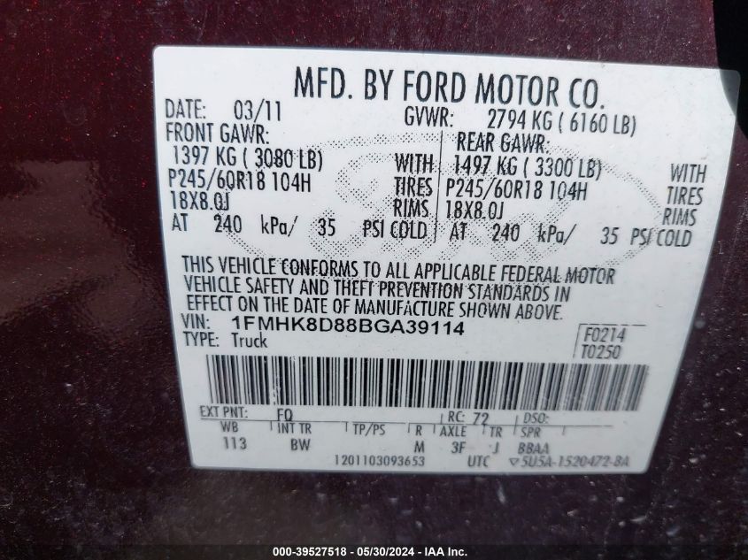2011 Ford Explorer Xlt VIN: 1FMHK8D88BGA39114 Lot: 39527518