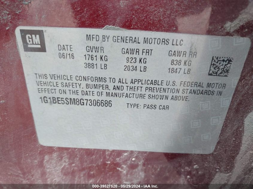 2016 Chevrolet Cruze Lt Auto VIN: 1G1BE5SM8G7306686 Lot: 39527520