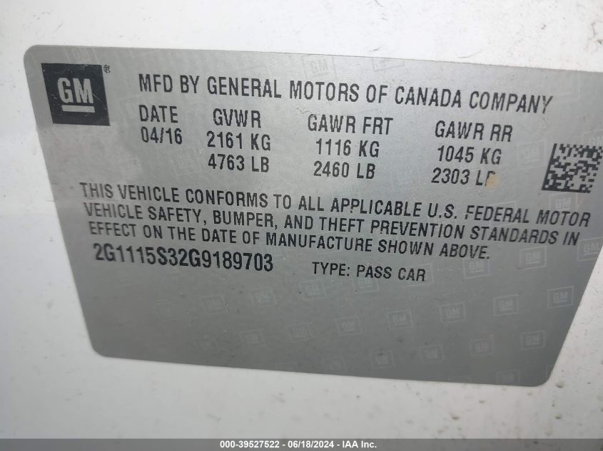 2016 Chevrolet Impala 2Lt VIN: 2G1115S32G9189703 Lot: 39527522