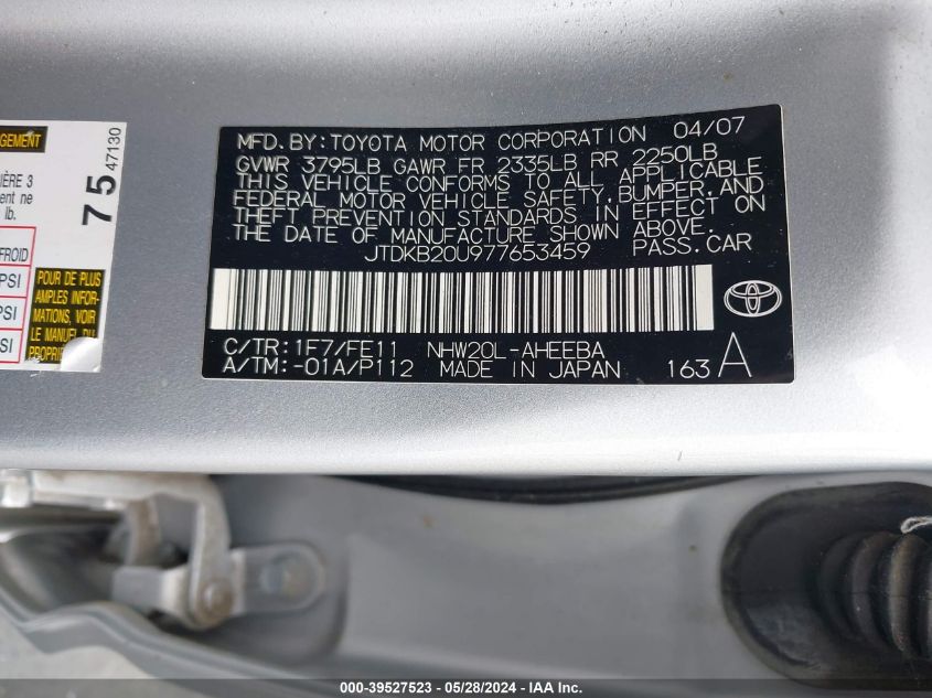 2007 Toyota Prius VIN: JTDKB20U977653459 Lot: 39527523