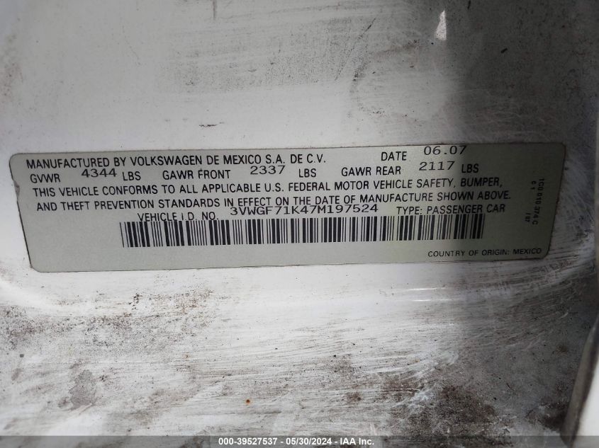 2007 Volkswagen Jetta VIN: 3VWGF71K47M197524 Lot: 39527537
