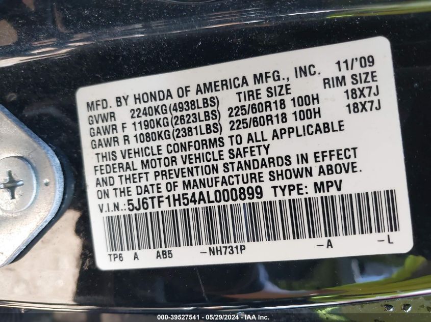 2010 Honda Accord Crosstour Ex-L VIN: 5J6TF1H54AL000899 Lot: 39527541