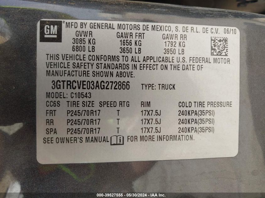 2010 GMC Sierra 1500 Sle VIN: 3GTRCVE03AG272866 Lot: 39527555