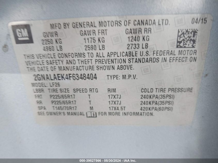 2015 Chevrolet Equinox Ls VIN: 2GNALAEK4F6348404 Lot: 39527566