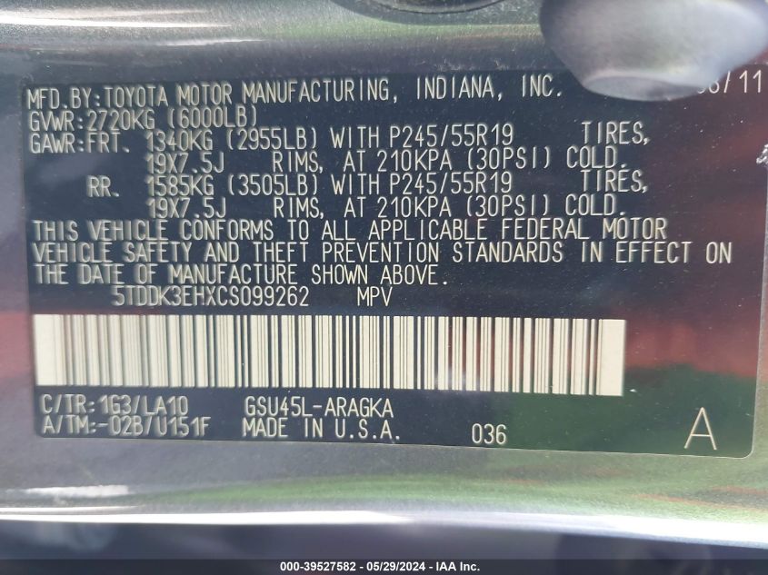 2012 Toyota Highlander Limited V6 VIN: 5TDDK3EHXCS099262 Lot: 39527582