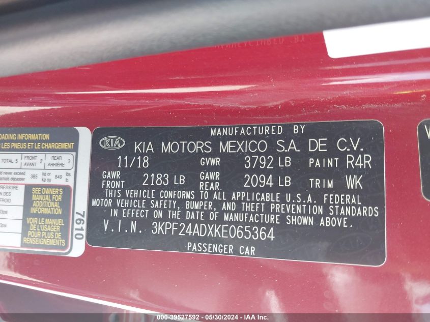 2019 Kia Forte Lxs VIN: 3KPF24ADXKE065364 Lot: 39527592