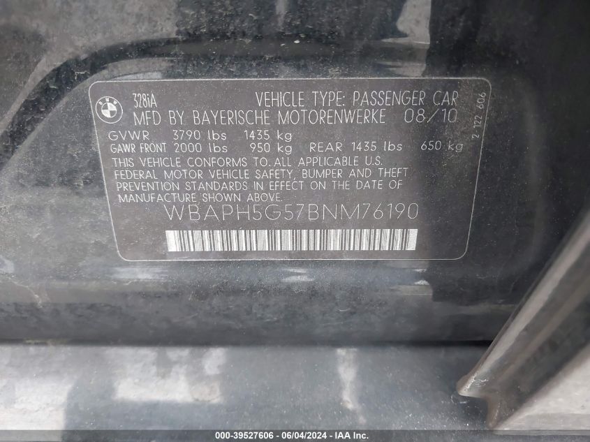 2011 BMW 328I VIN: WBAPH5G57BNM76190 Lot: 39527606
