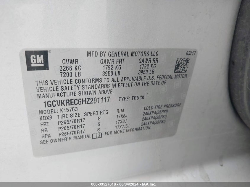 2017 Chevrolet Silverado 1500 1Lt VIN: 1GCVKREC6HZ291117 Lot: 39527618