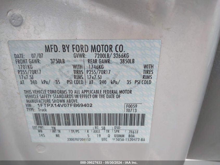 2007 Ford F-150 Fx4/Lariat/Xl/Xlt VIN: 1FTPX14V07FB69402 Lot: 39527633