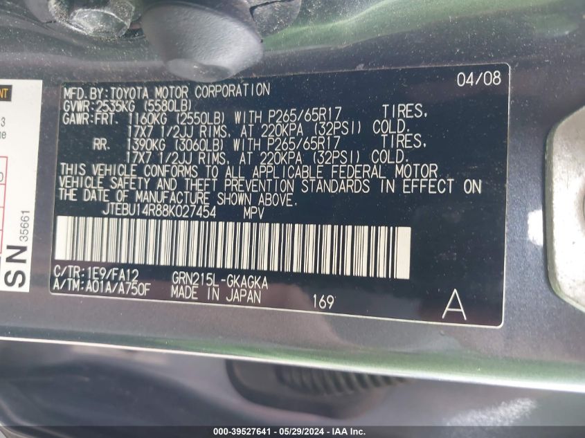 2008 Toyota 4Runner Sr5 V6 VIN: JTEBU14R88K027454 Lot: 39527641