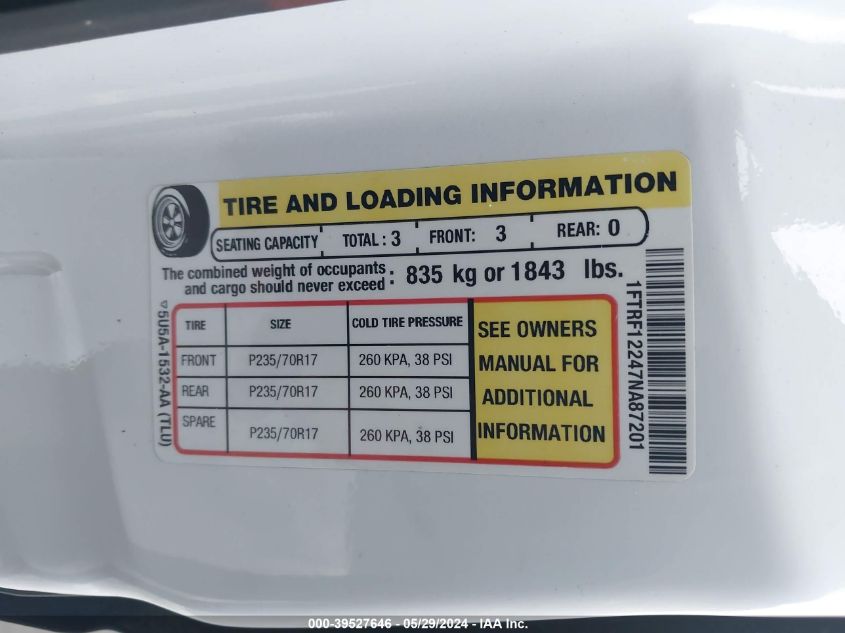 2007 Ford F-150 Stx/Xl/Xlt VIN: 1FTRF12247NA87201 Lot: 39527646