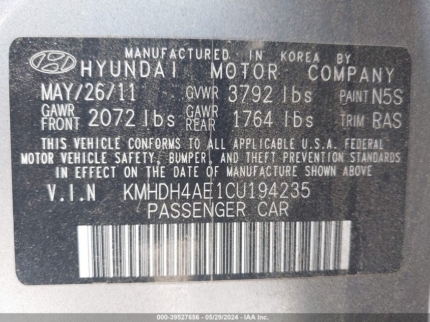 2012 Hyundai Elantra Gls (Ulsan Plant) VIN: KMHDH4AE1CU194235 Lot: 39527656