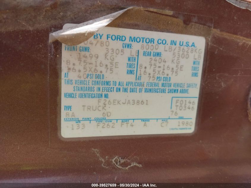 1980 Ford F250 VIN: F26EKJA3861 Lot: 39527659