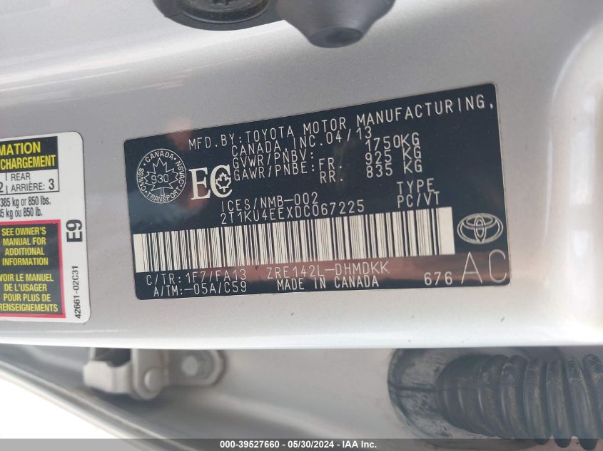 2013 Toyota Matrix L VIN: 2T1KU4EEXDC067225 Lot: 39527660