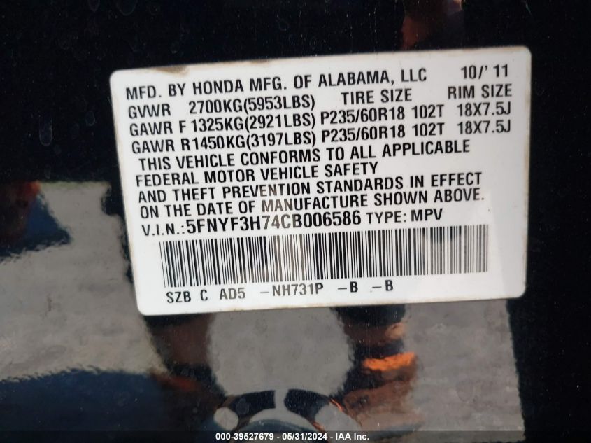 2012 Honda Pilot Ex-L VIN: 5FNYF3H74CB006586 Lot: 39527679