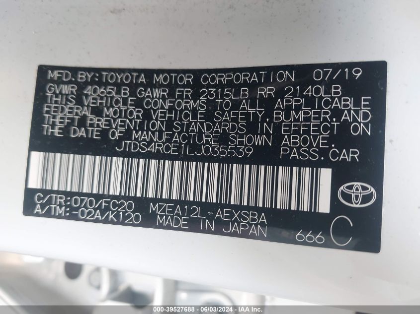 JTDS4RCE1LJ035539 2020 Toyota Corolla Se