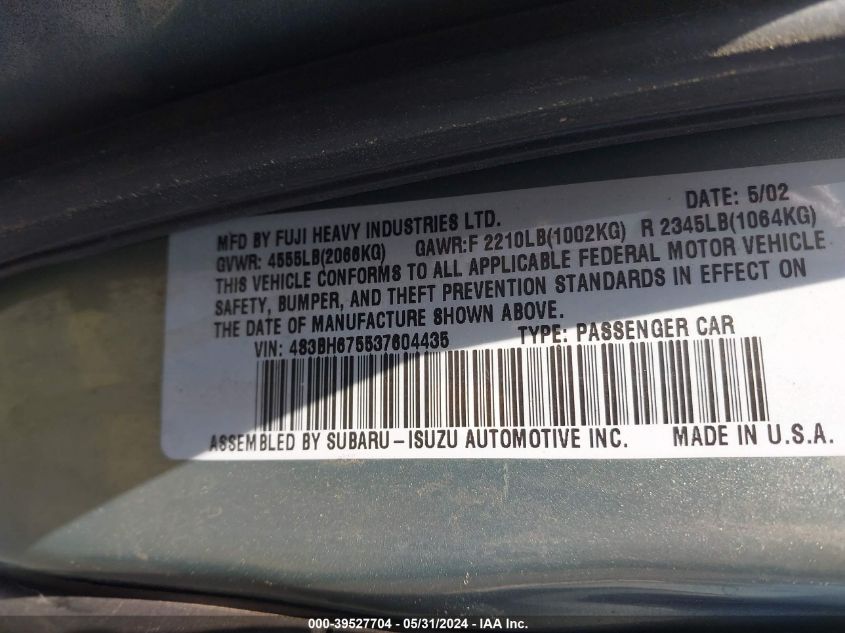 2003 Subaru Outback VIN: 4S3BH675537604435 Lot: 39527704