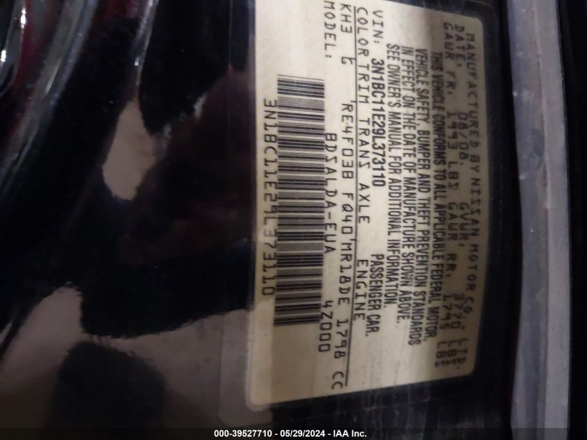 2009 Nissan Versa 1.8S VIN: 3N1BC11E29L373110 Lot: 39527710