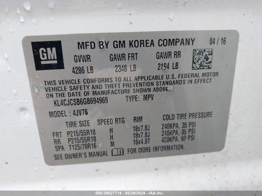 2016 Buick Encore Leather VIN: KL4CJCSB6GB694969 Lot: 39527714