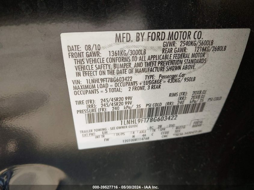 2011 Lincoln Mks Ecoboost VIN: 1LNHL9FT7BG603422 Lot: 39527716