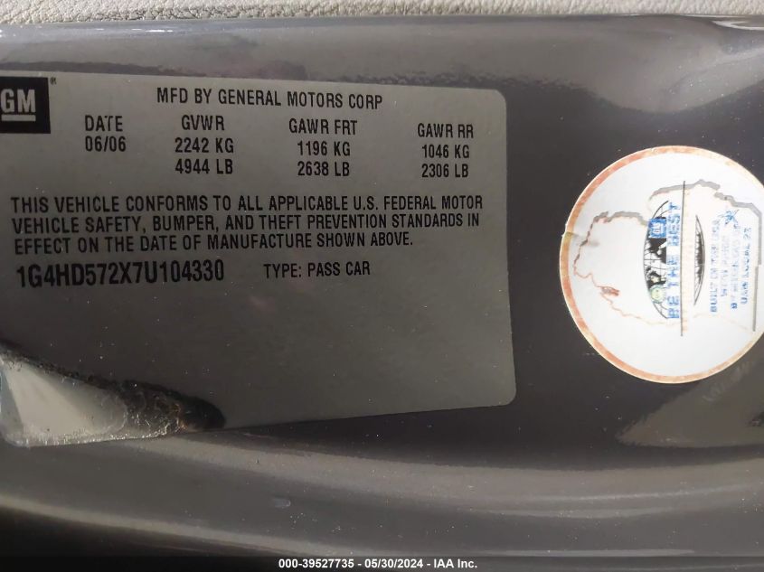 2007 Buick Lucerne Cxl VIN: 1G4HD572X7U104330 Lot: 39527735