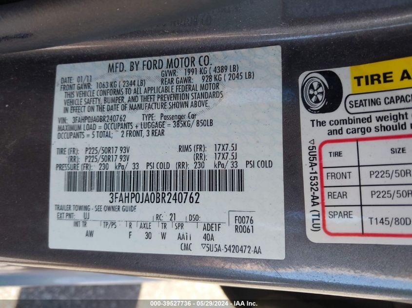 2011 Ford Fusion Sel VIN: 3FAHP0JA0BR240762 Lot: 39527736