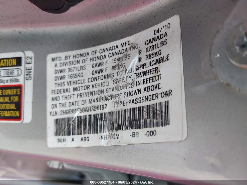2010 Honda Civic Lx VIN: 2HGFA1F50AH324192 Lot: 39527764