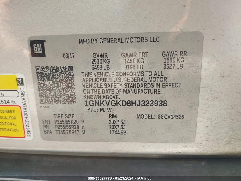 2017 Chevrolet Traverse 1Lt VIN: 1GNKVGKD8HJ323938 Lot: 39527779