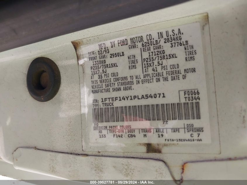 1993 Ford F150 VIN: 1FTEF14Y1PLA54071 Lot: 39527781