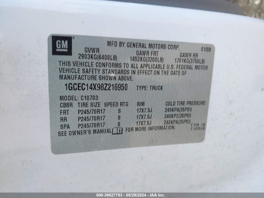2008 Chevrolet Silverado 1500 Work Truck VIN: 1GCEC14X98Z216950 Lot: 39527783
