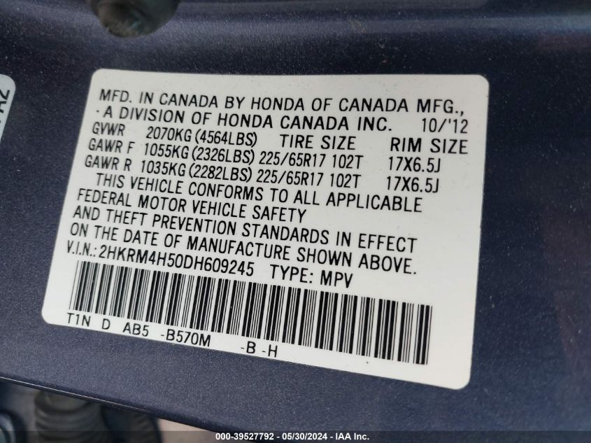 2013 Honda Cr-V Ex VIN: 2HKRM4H50DH609245 Lot: 39527792