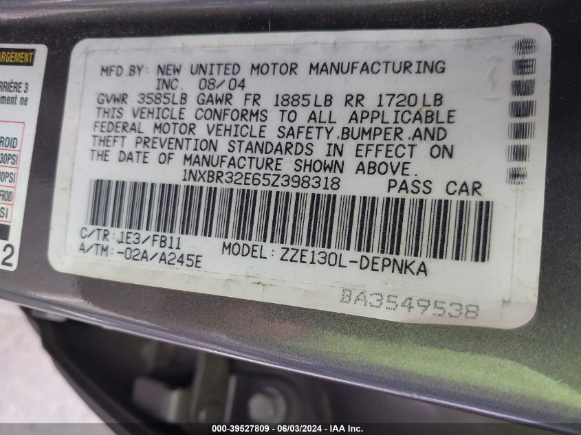 2005 Toyota Corolla Le VIN: 1NXBR32E65Z398318 Lot: 39527809