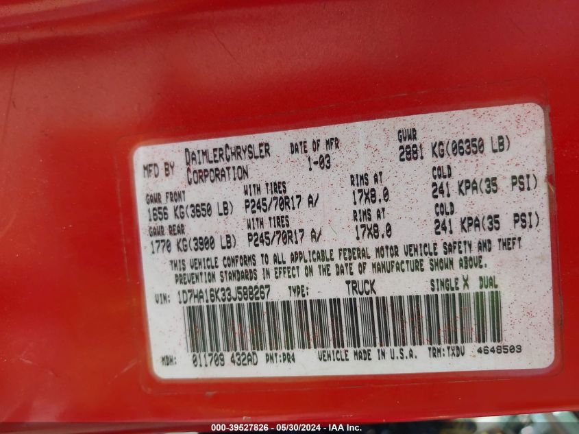 2003 Dodge Ram 1500 St VIN: 1D7HA16K33J588267 Lot: 39527826