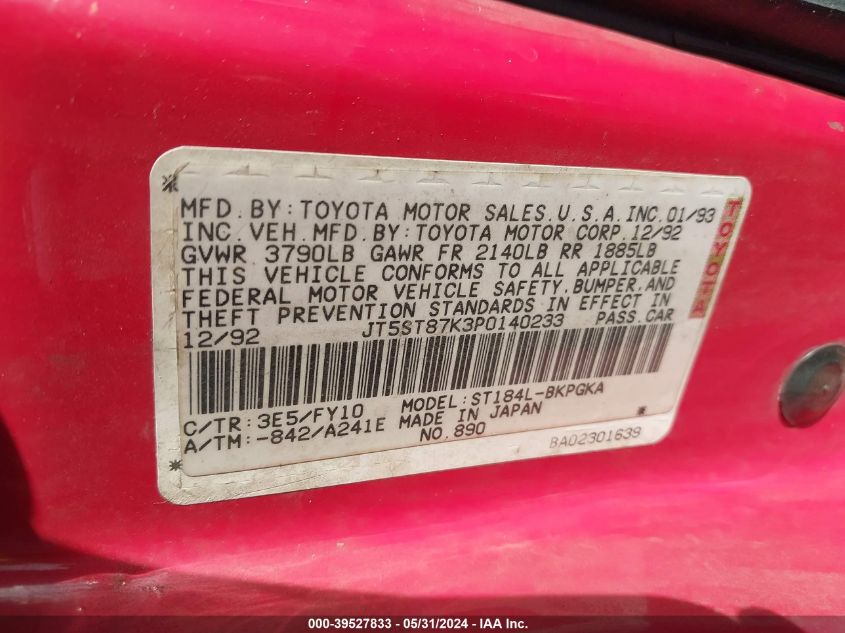 1993 Toyota Celica Gt VIN: JT5ST87K3P0140233 Lot: 39527833