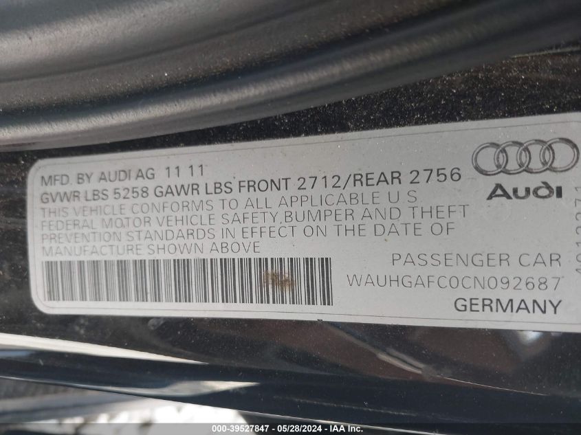 2012 Audi A6 3.0 Premium VIN: WAUHGAFC0CN092687 Lot: 39527847