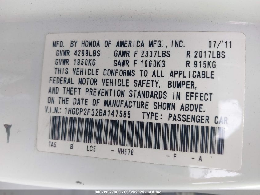 2011 Honda Accord 2.4 Lx VIN: 1HGCP2F32BA147585 Lot: 39527865