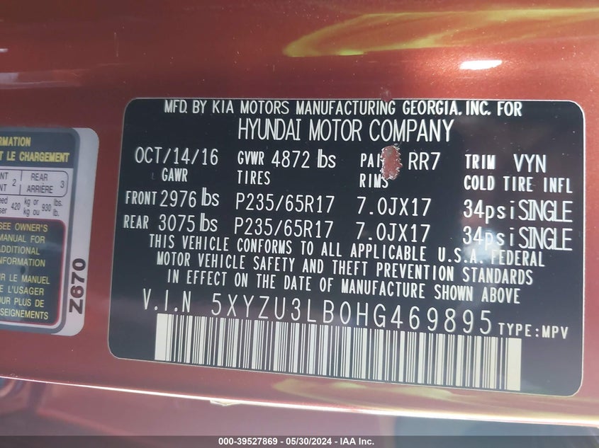 2017 Hyundai Santa Fe Sport 2.4L VIN: 5XYZU3LB0HG469895 Lot: 39527869