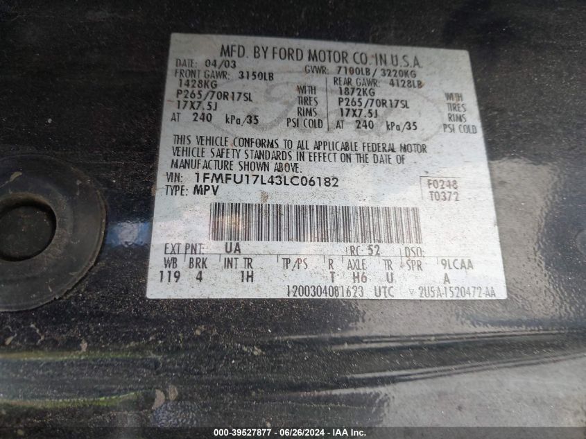 2003 Ford Expedition Eddie Bauer VIN: 1FMFU17L43LC06182 Lot: 39527877