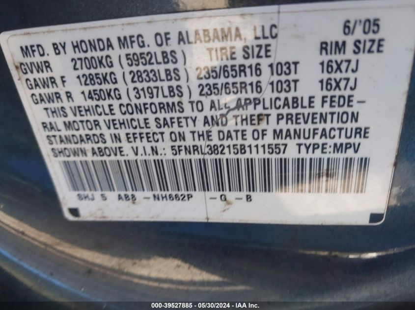 2005 Honda Odyssey Lx VIN: 5FNRL38215B111557 Lot: 39527885