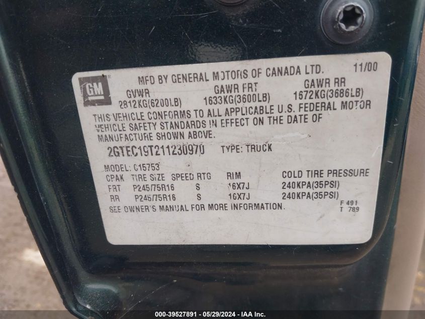 2001 GMC Sierra 1500 Sle VIN: 2GTEC19T211230970 Lot: 39527891