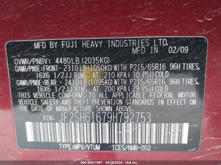 2009 Subaru Forester 2.5X VIN: JF2SH61679H792753 Lot: 39527897