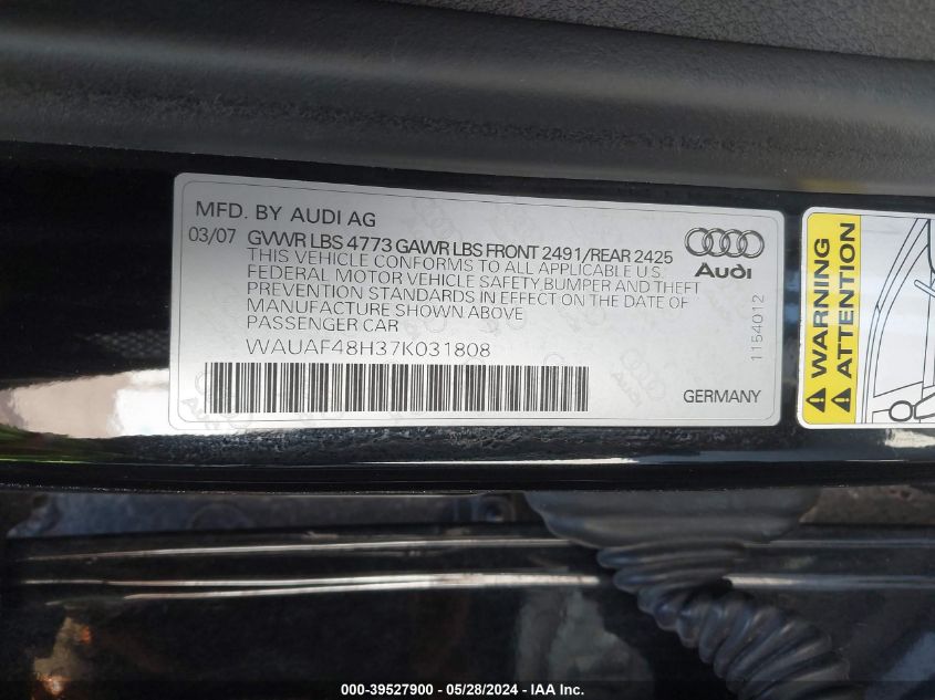 2007 Audi A4 2.0T VIN: WAUAF48H37K031808 Lot: 39527900