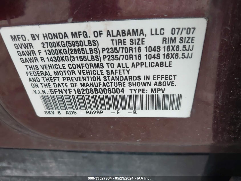 2008 Honda Pilot Vp VIN: 5FNYF18208B006004 Lot: 39527904