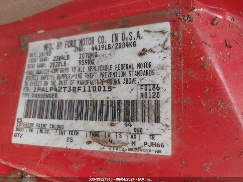 1994 Ford Mustang Gt VIN: 1FALP42T3RF110015 Lot: 39527913