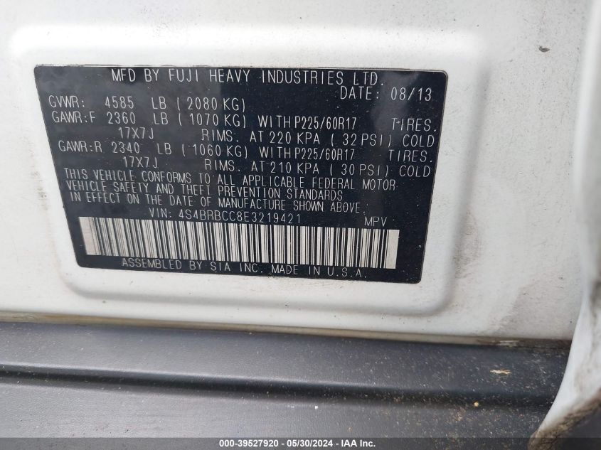 2014 Subaru Outback 2.5I Premium VIN: 4S4BRBCC8E3219421 Lot: 39527920